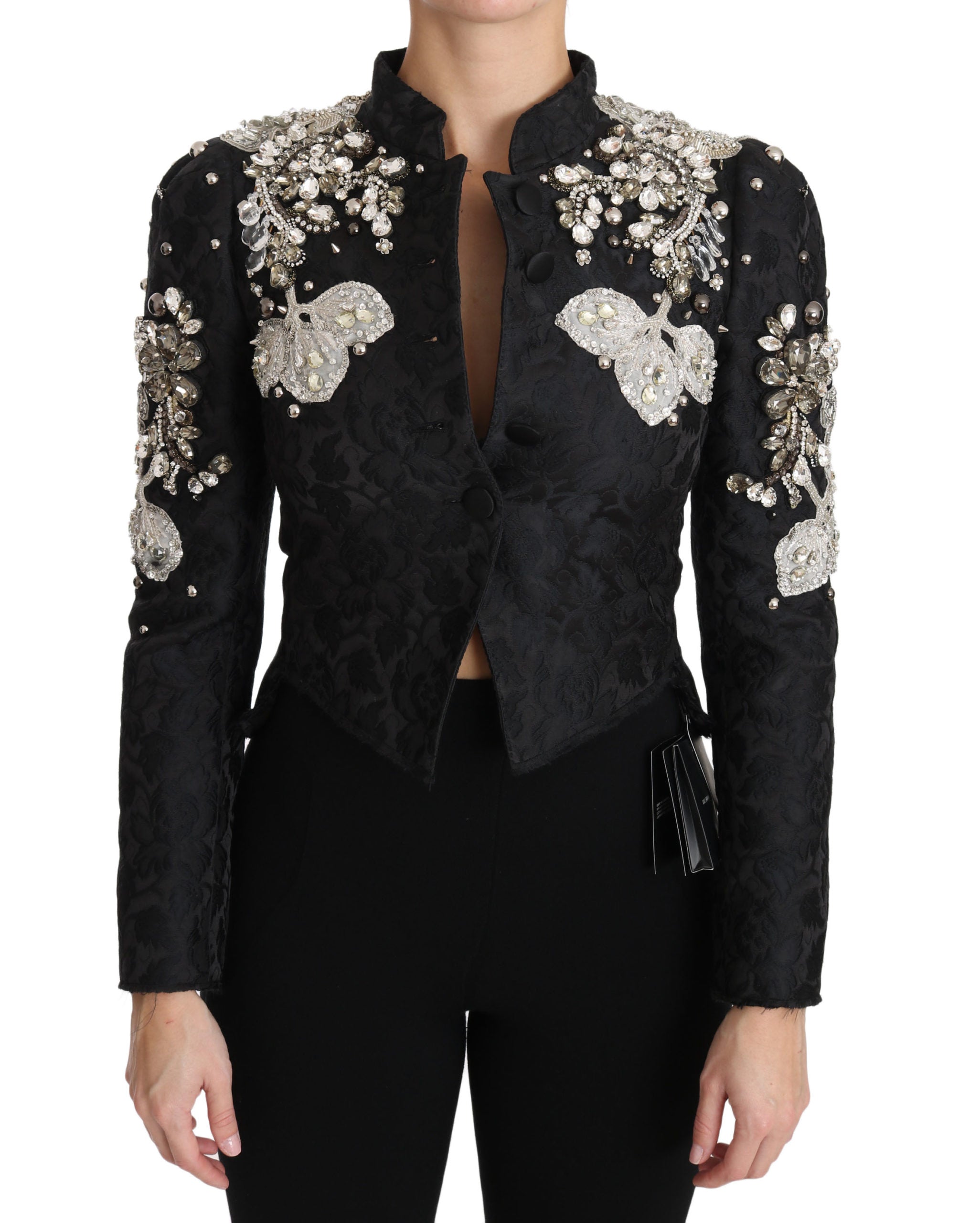 Dolce & Gabbana Black Jacquard Crystal Floral Jacket crystals pearls embellished