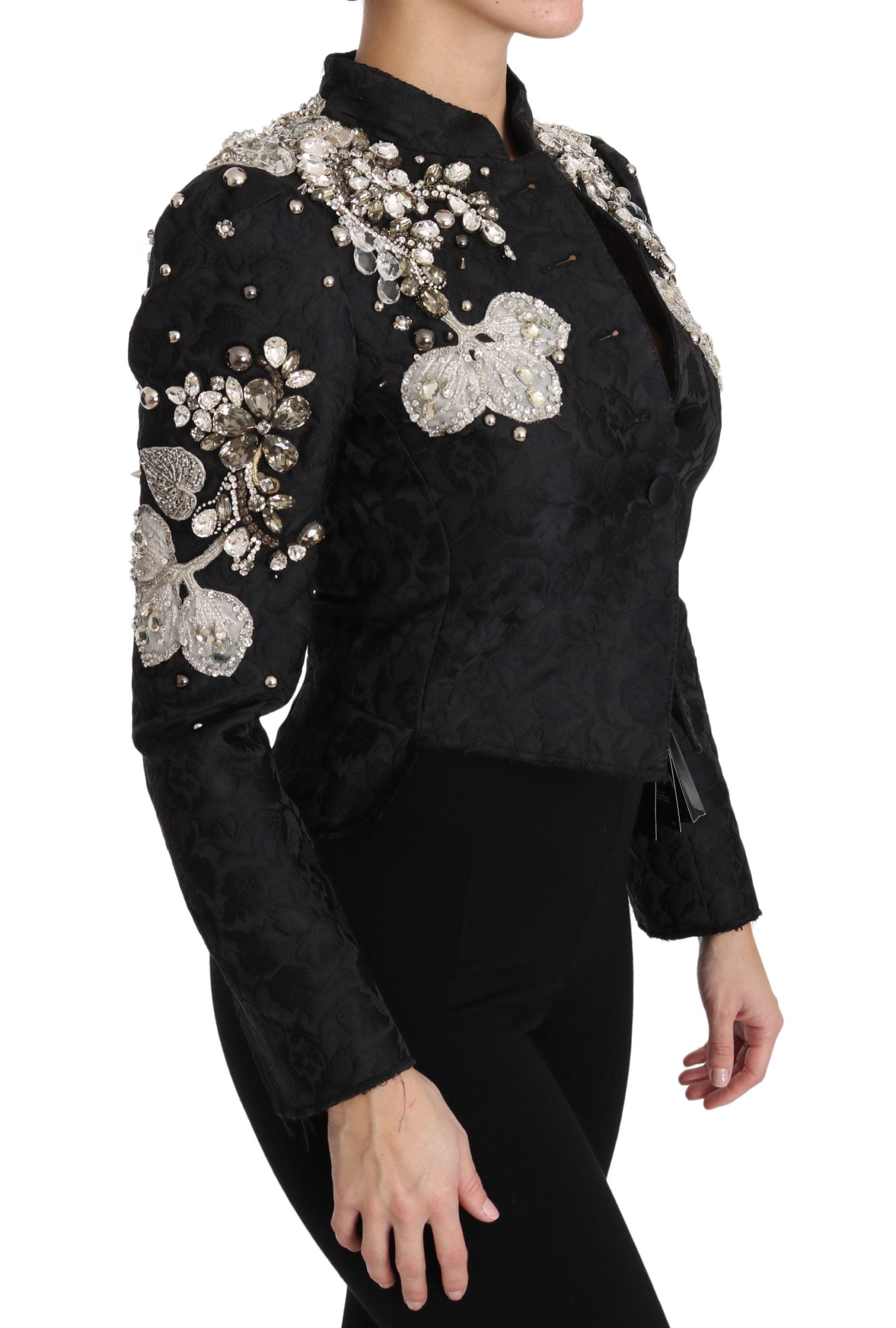 Dolce & Gabbana Black Jacquard Crystal Floral Jacket crystals pearls embellished