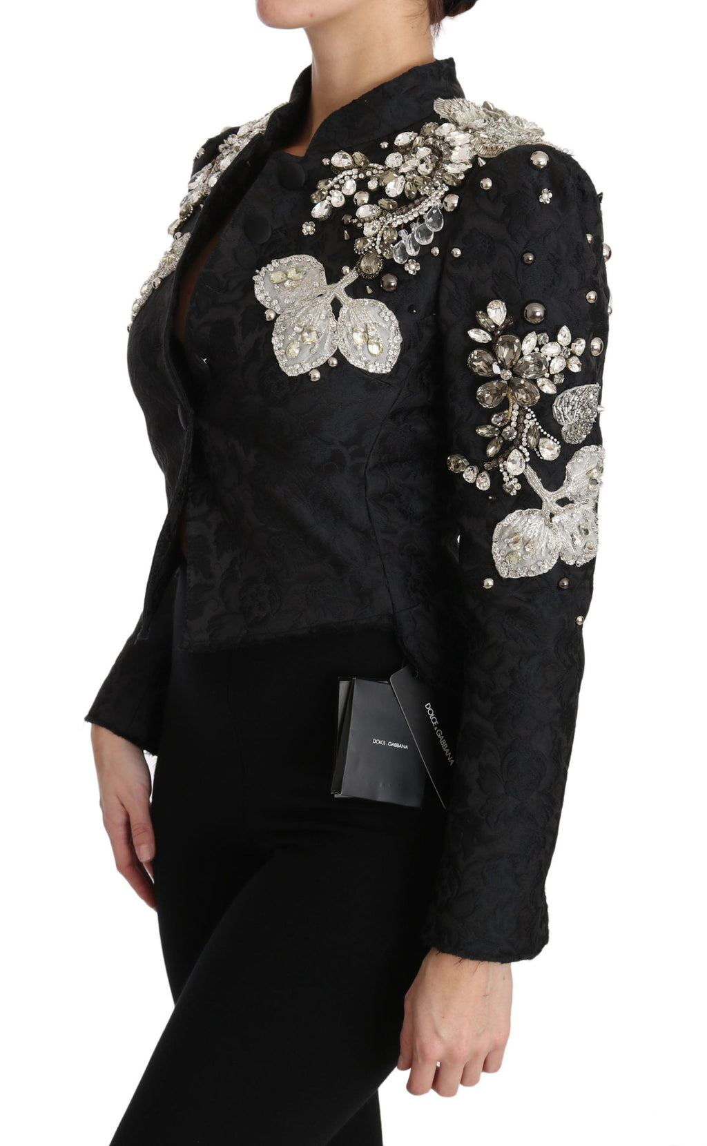 Dolce & Gabbana Black Jacquard Crystal Floral Jacket crystals pearls embellished