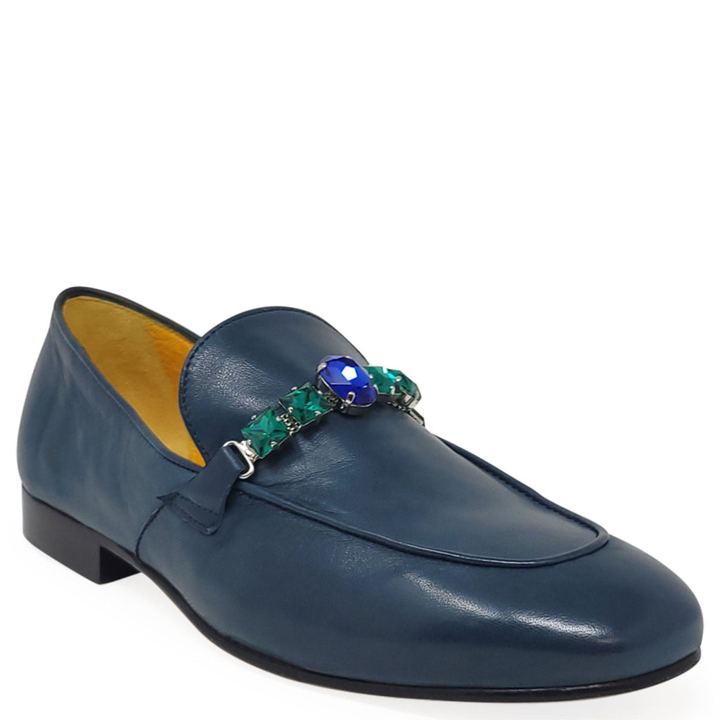 Blue Leather Flat Jeweled Loafers career Madison Maison Italy