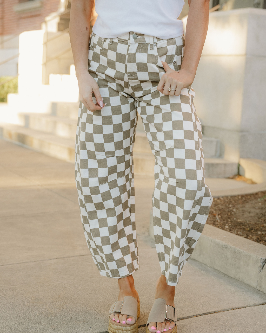 Riley Checkered Print Denim Barrel Pants Indie Ladies Jeans Cropped ankle