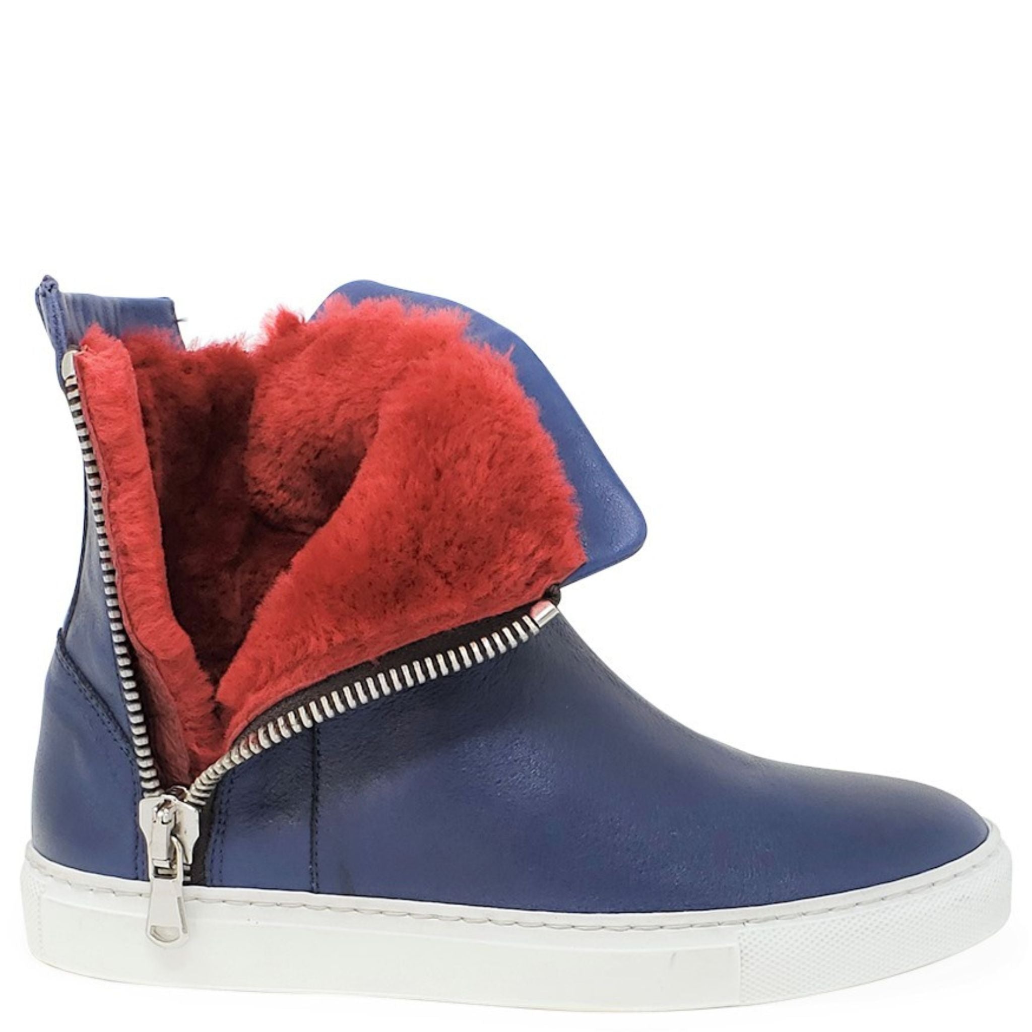 Navy Leather Double Zip Shearling Boot Madison Maison Italy Ankle zip sneaker bootie