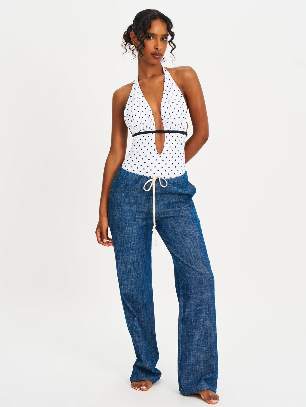 Olive Polka Dot Ruched Halter Backless Swimsuit Black White beach cruise