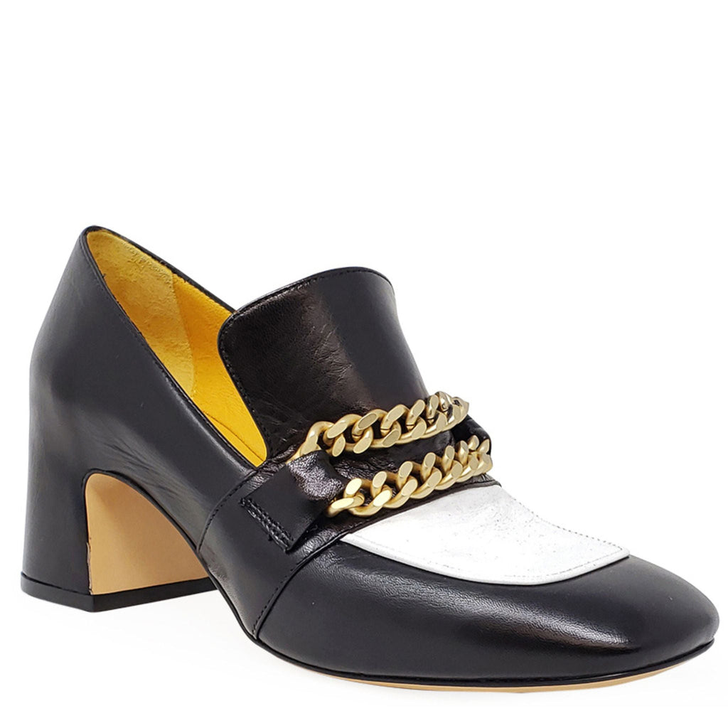 Black & White Leather Mid Heel Loafer shoes W/Chain Madison Maison Italy spectator
