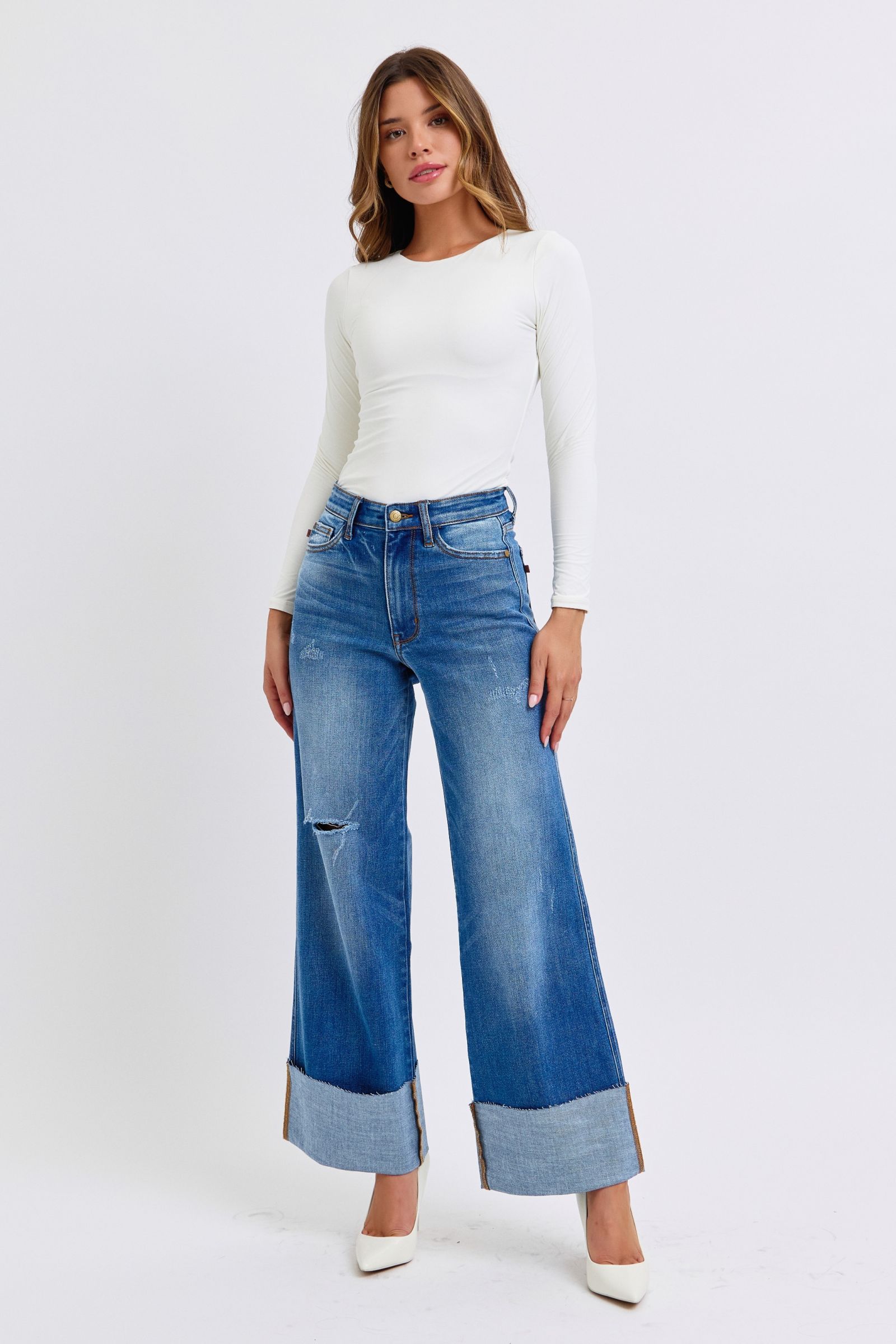 Judy Blue Full Size Distressed High Waist Wide Leg Blue Jeans