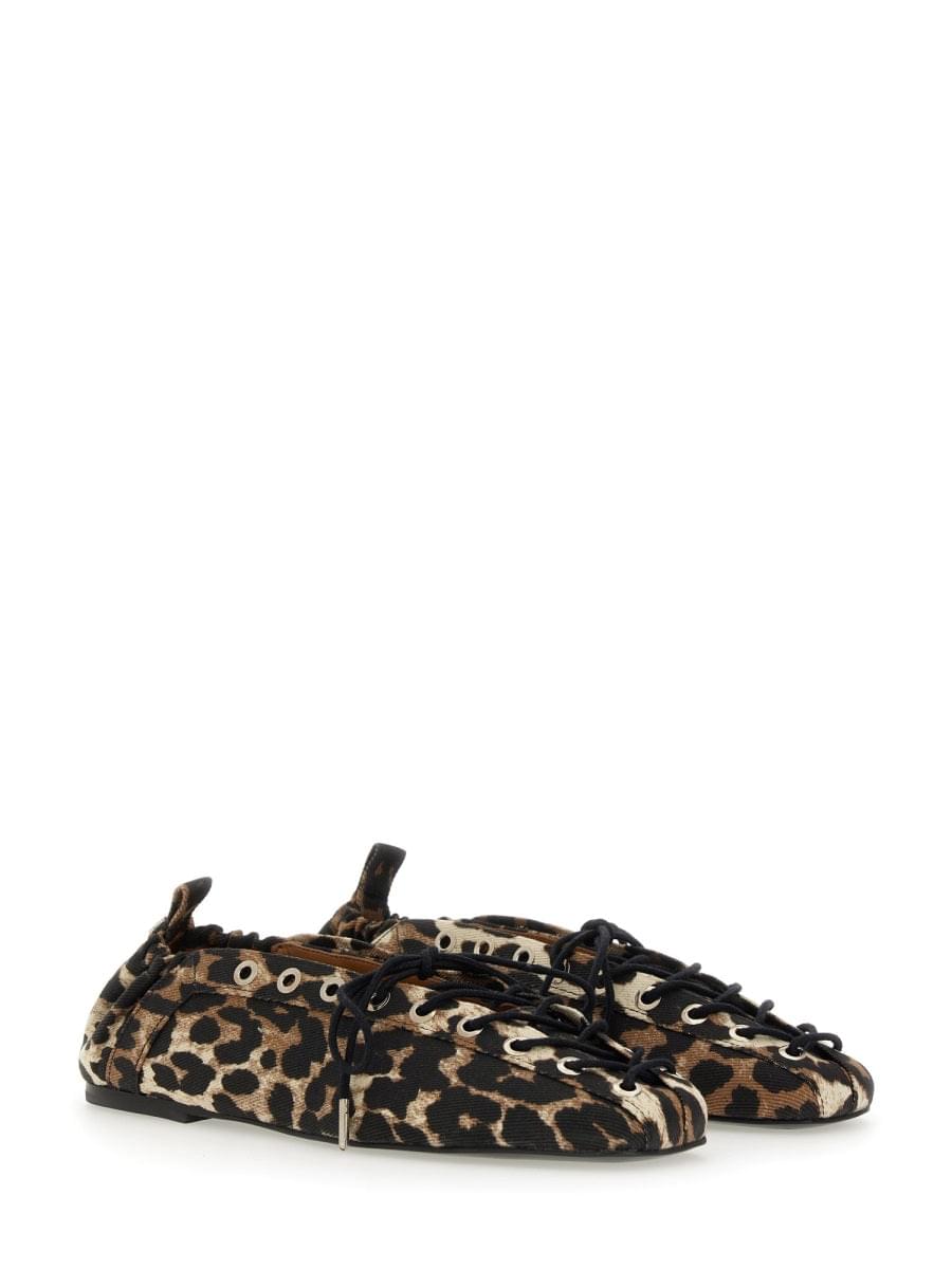 Ganni ladies Ballerina Lace-Up leopard cheetah shoes flats slippers animal
