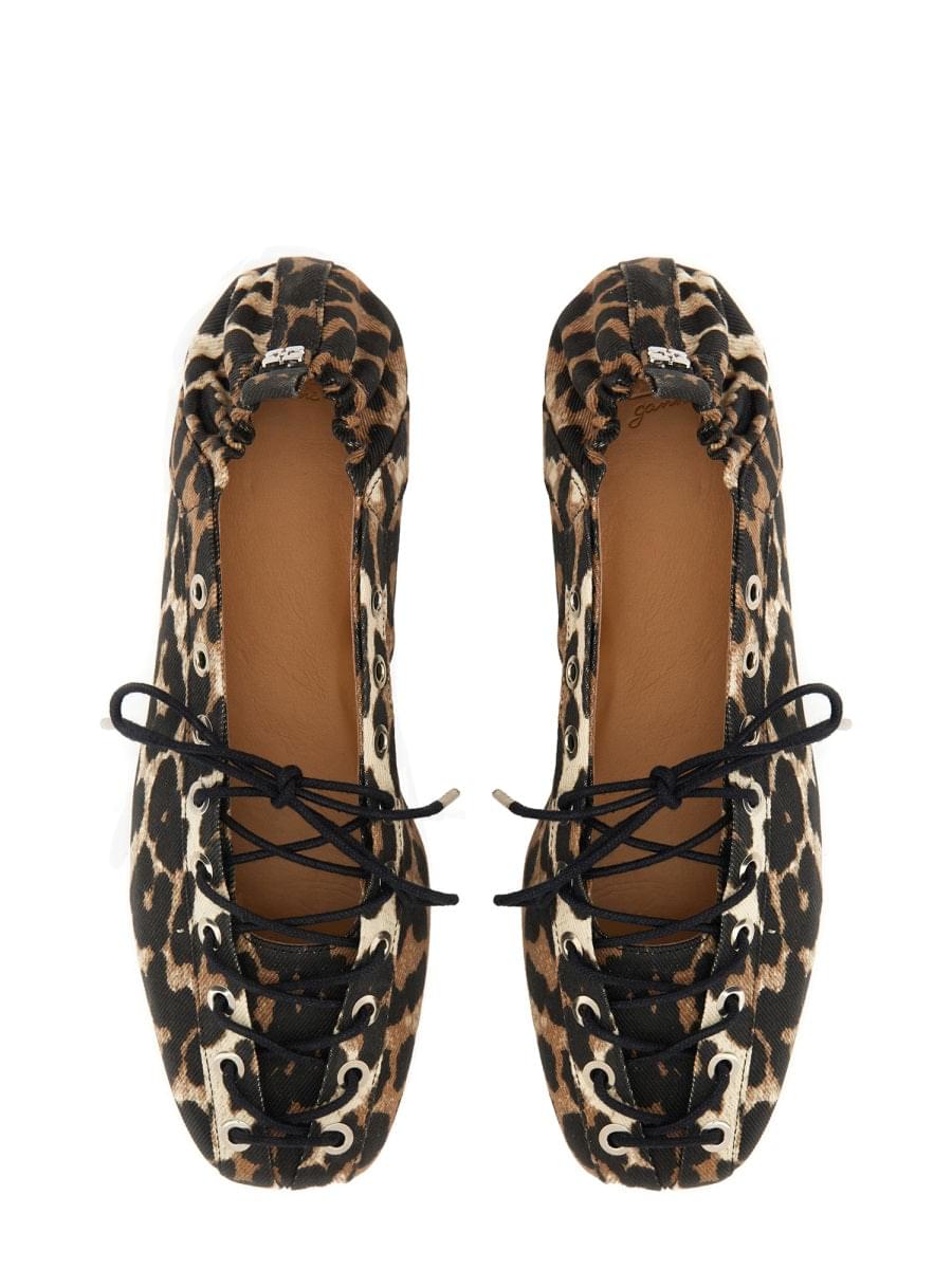 Ganni ladies Ballerina Lace-Up leopard cheetah shoes flats slippers animal