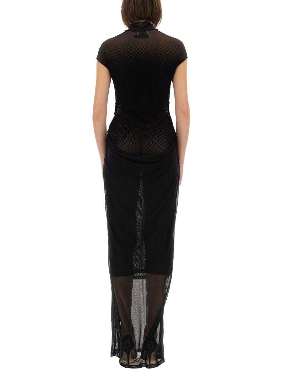 Jean Paul Gaultier ladies long black Mesh Dress Flocked Logo and cutout sides