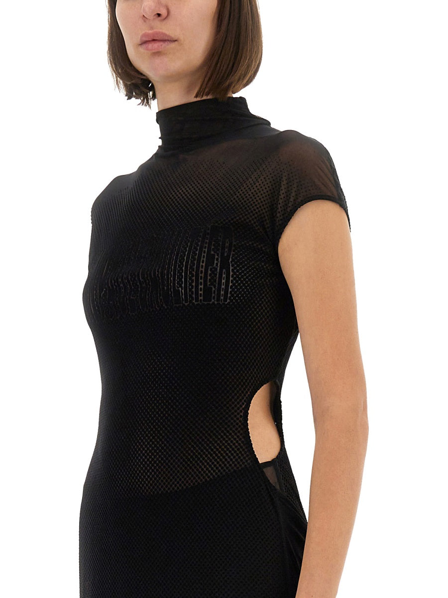 Jean Paul Gaultier ladies long black Mesh Dress Flocked Logo and cutout sides