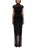 Jean Paul Gaultier ladies long black Mesh Dress Flocked Logo and cutout sides