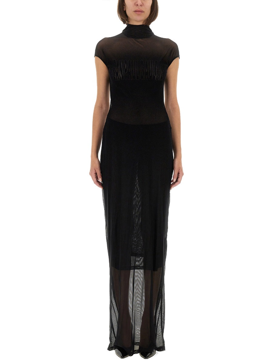 Jean Paul Gaultier ladies long black Mesh Dress Flocked Logo and cutout sides