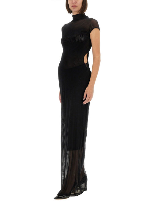 Jean Paul Gaultier ladies long black Mesh Dress Flocked Logo and cutout sides