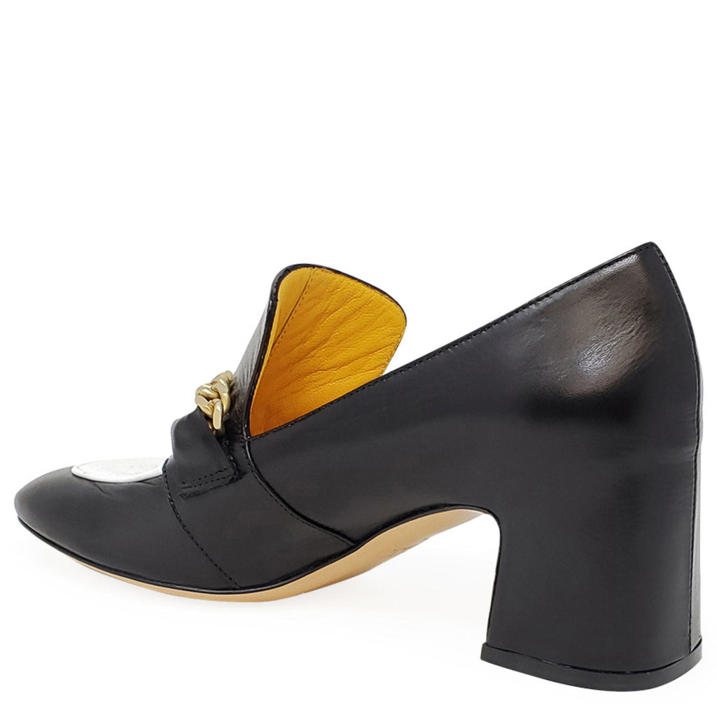 Black & White Leather Mid Heel Loafer shoes W/Chain Madison Maison Italy spectator