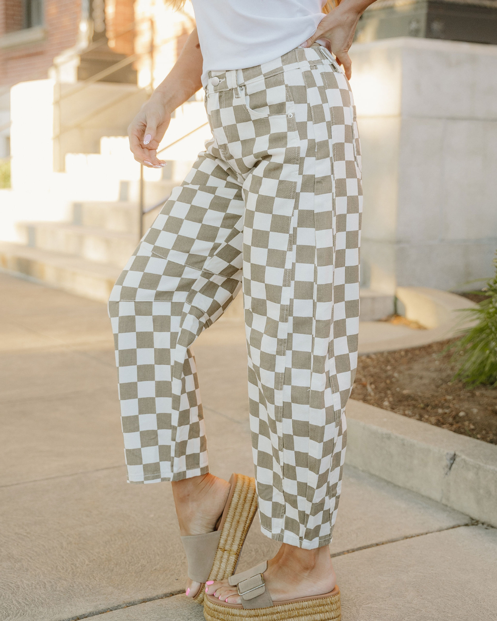 Riley Checkered Print Denim Barrel Pants Indie Ladies Jeans Cropped ankle