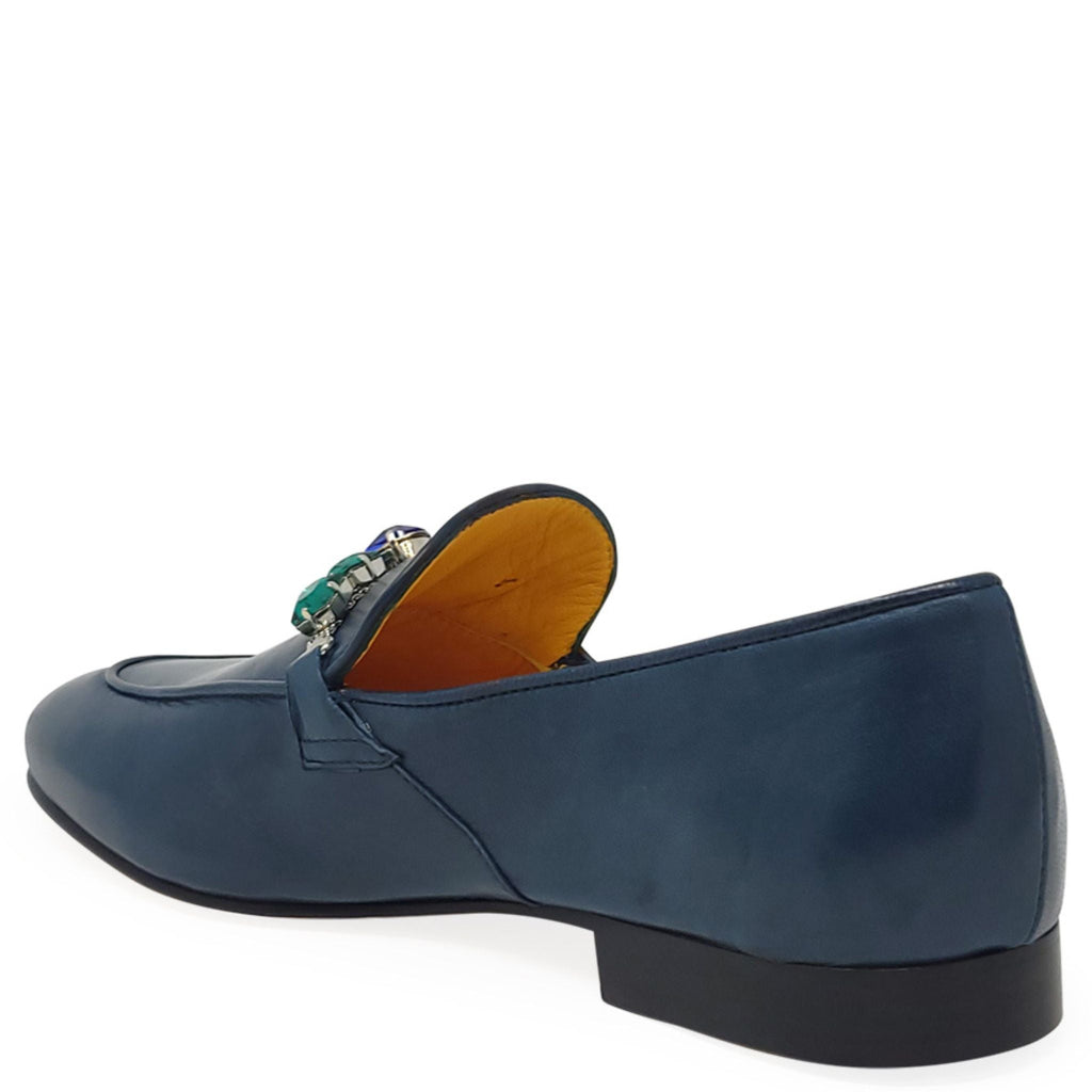 Blue Leather Flat Jeweled Loafers career Madison Maison Italy
