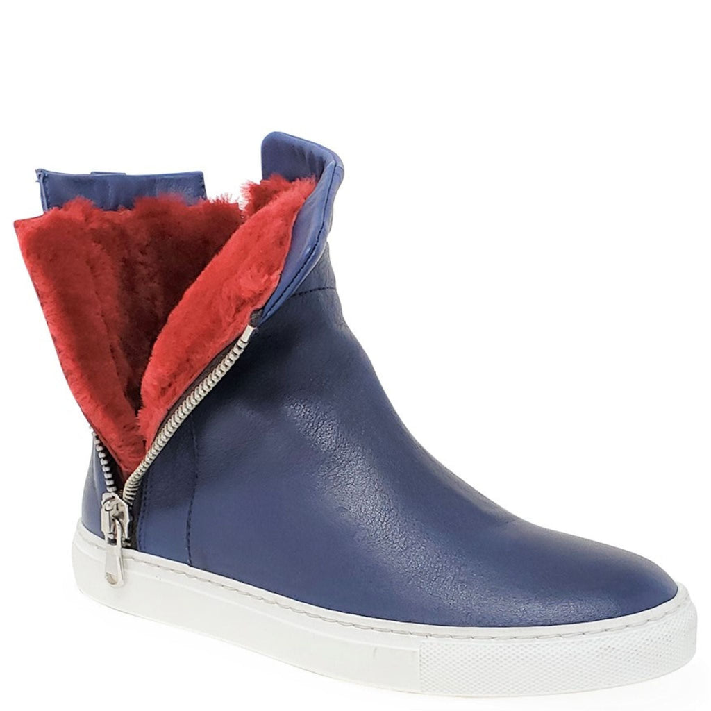 Navy Leather Double Zip Shearling Boot Madison Maison Italy Ankle zip sneaker bootie