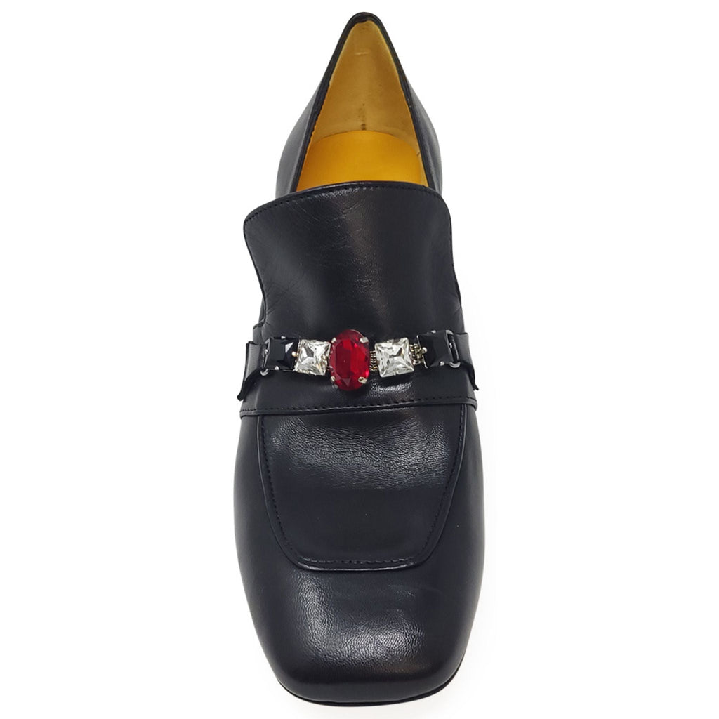 Black Leather Mid Heel Jeweled Loafer shoes career Madison Maison