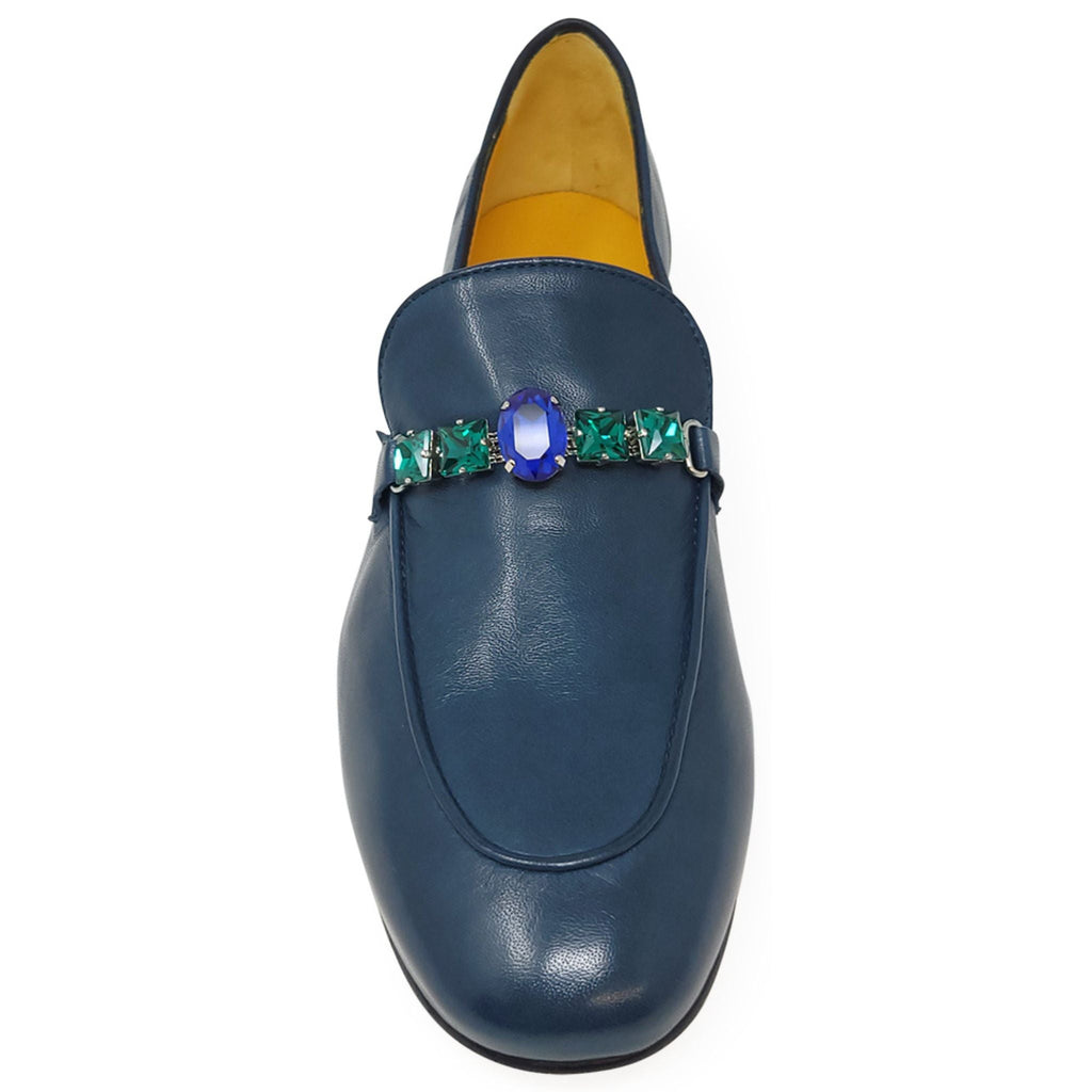 Blue Leather Flat Jeweled Loafers career Madison Maison Italy