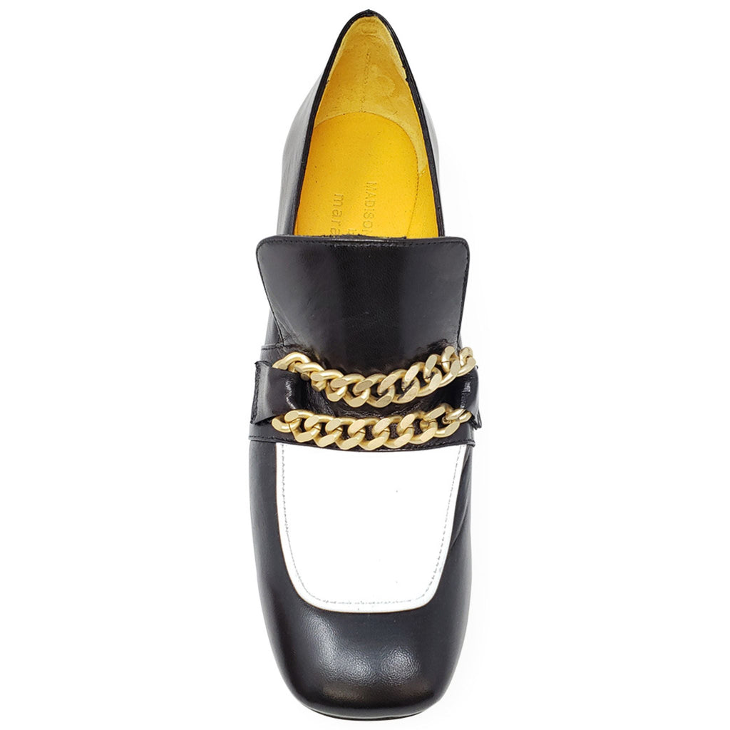 Black & White Leather Mid Heel Loafer shoes W/Chain Madison Maison Italy spectator