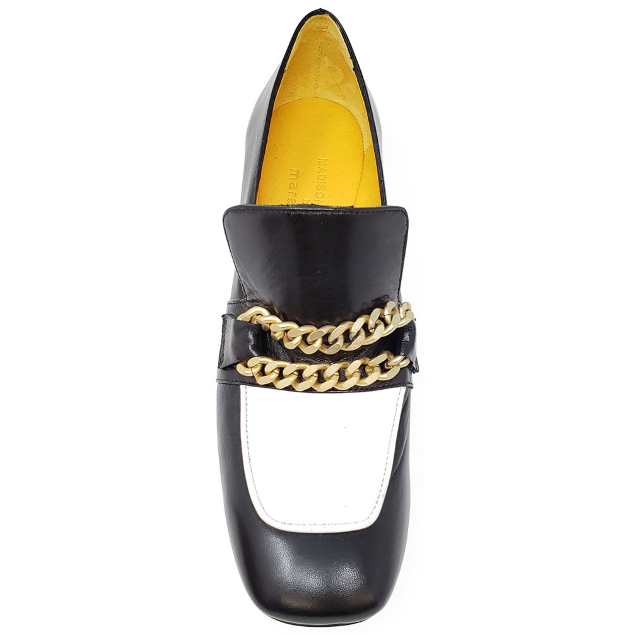 Black & White Leather Mid Heel Loafer shoes W/Chain Madison Maison Italy spectator