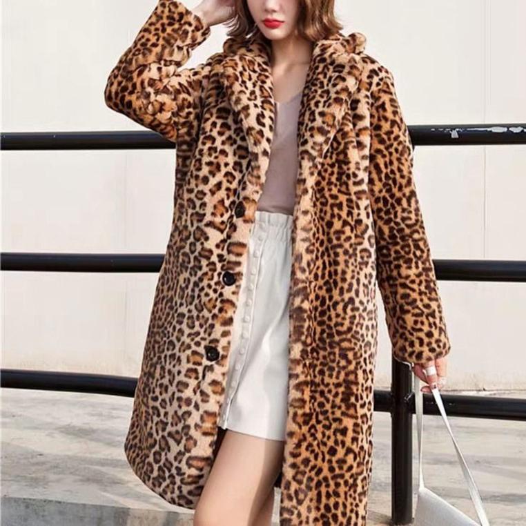 Leopard Print Coat Winter Faux Fur Long Warm Thick Plush