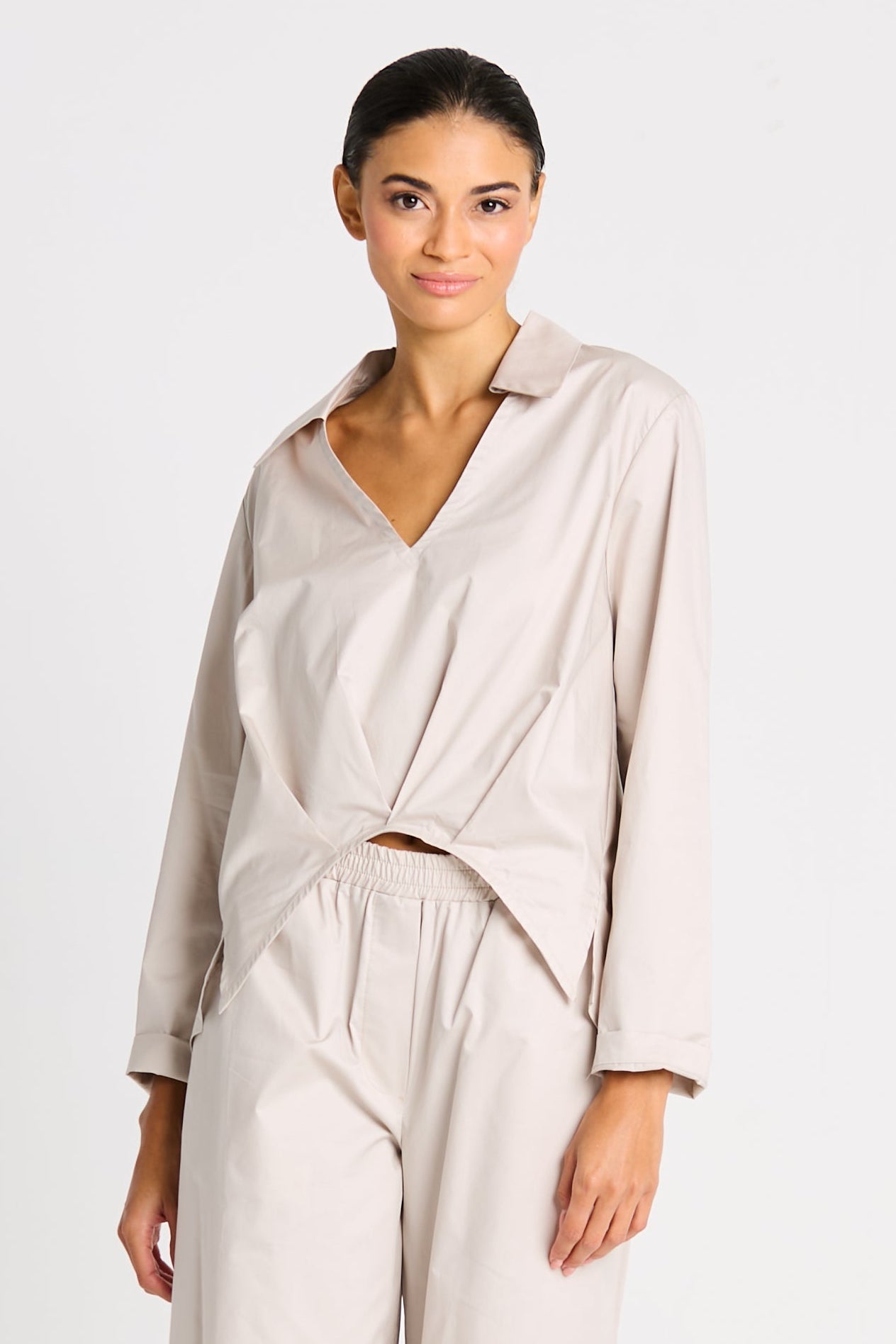Cotton Half Moon Shirt - Putty ladies PLANET by Lauren G top pullover