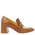 Tan & Cream Leather Mid Heel Loafer W/Chain Madison Maison shoes career
