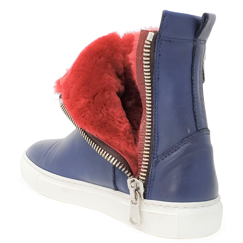 Navy Leather Double Zip Shearling Boot Madison Maison Italy Ankle zip sneaker bootie