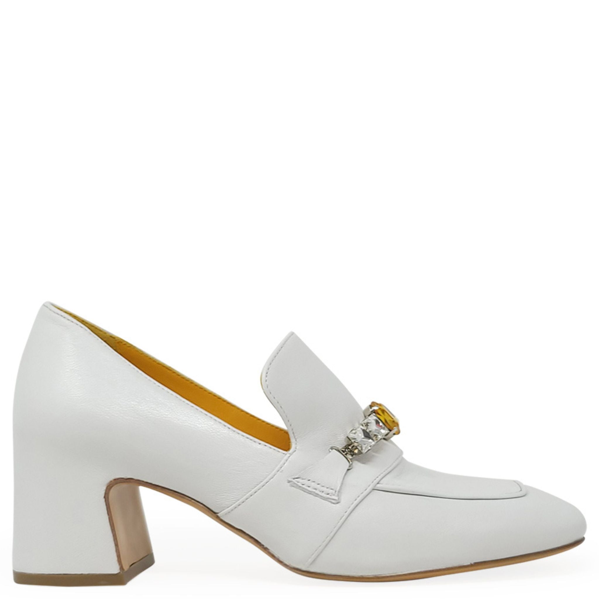White Leather Mid Heel Jeweled Loafer Shoes Career Maison