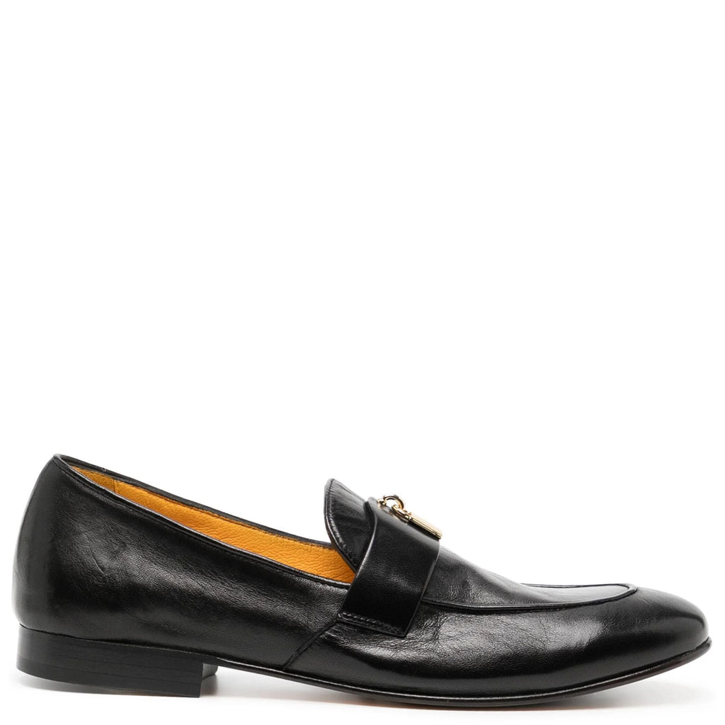 Black Leather Lock Flat Loafer shoes career Joan Hornig Maison