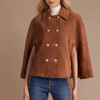 Retro Double Row Metal Buckle Collared Brown Faux Suede Cape Coat