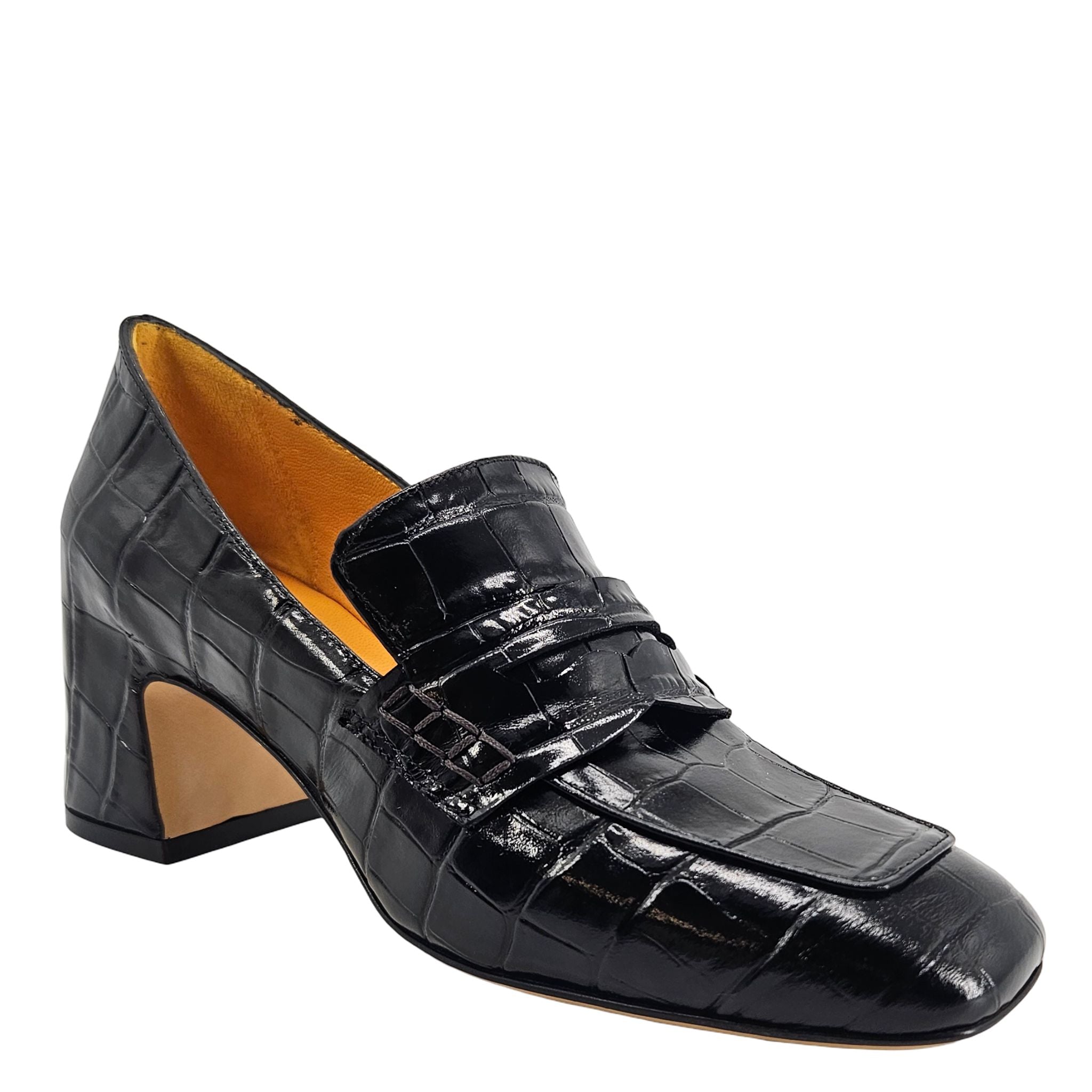 Black Leather Heel Moc Croc Leather Loafer Madison Maison Shoes Career