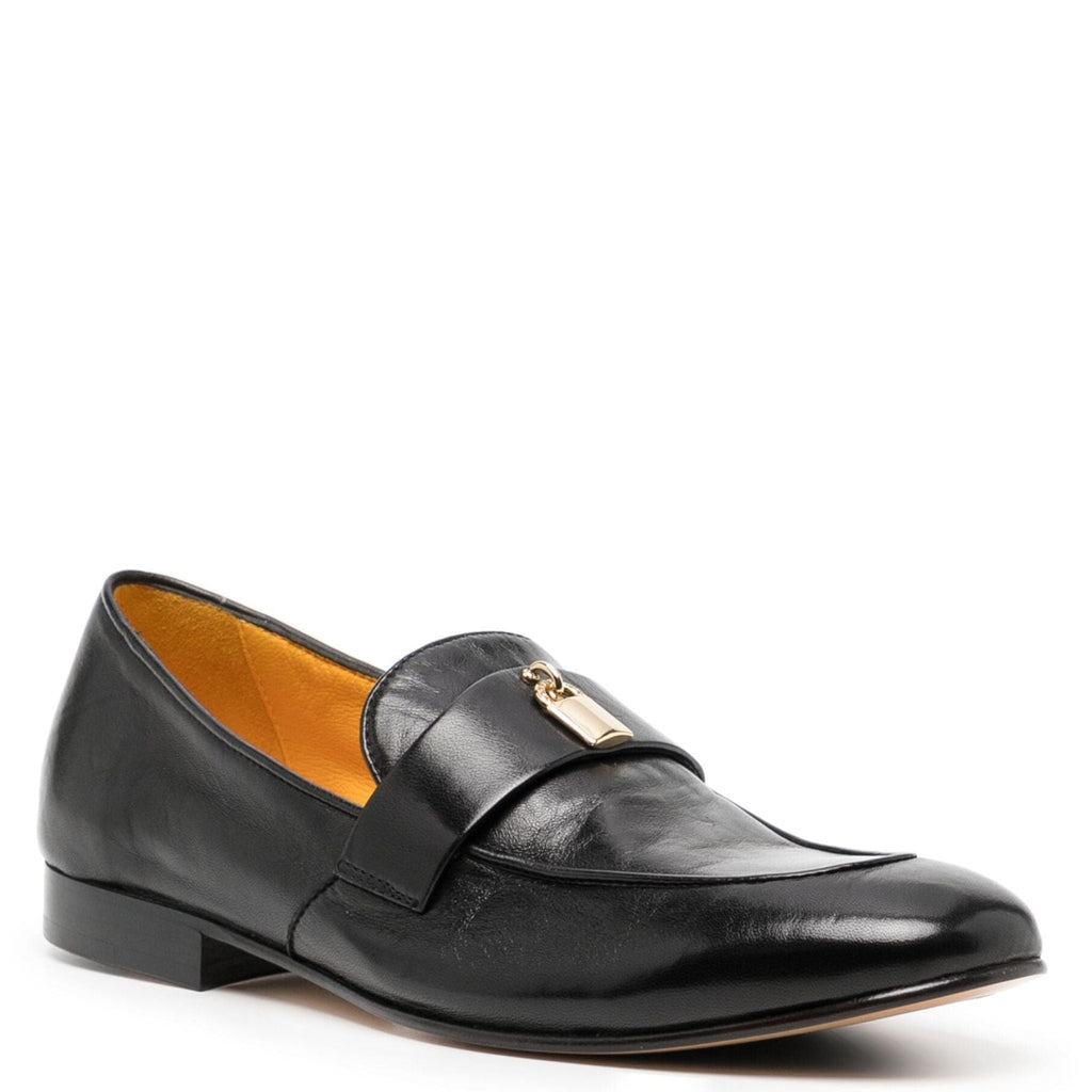 Black Leather Lock Flat Loafer shoes career Joan Hornig Maison