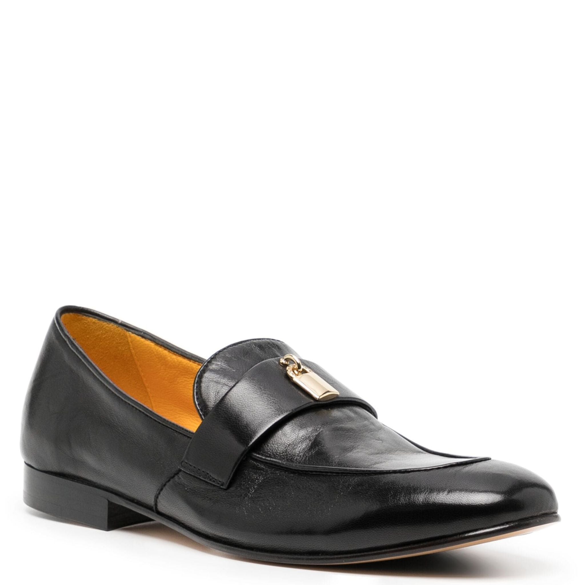 Black Leather Lock Flat Loafer shoes career Joan Hornig Maison