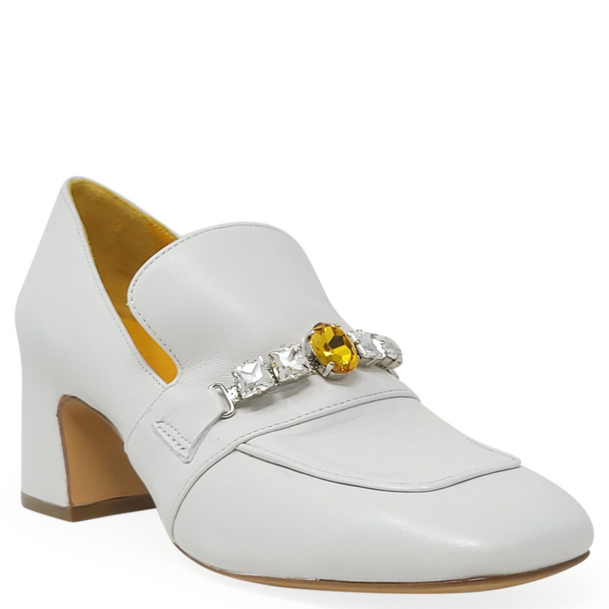 White Leather Mid Heel Jeweled Loafer Shoes Career Maison