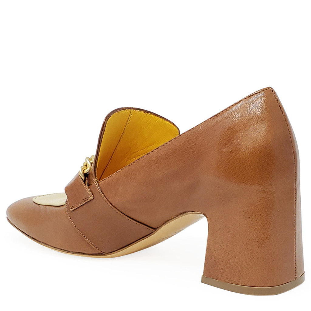 Tan & Cream Leather Mid Heel Loafer W/Chain Madison Maison shoes career