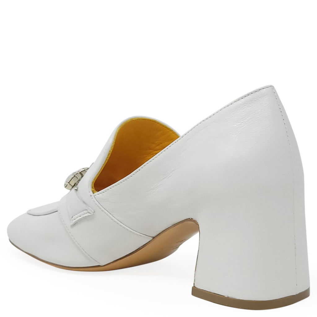White Leather Mid Heel Jeweled Loafer Shoes Career Maison