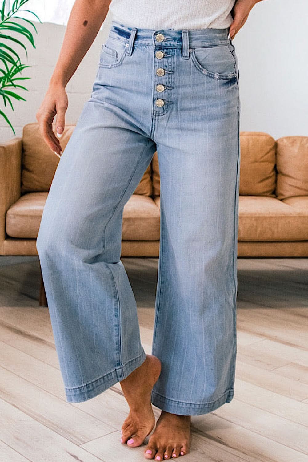 Beau Blue Wide Leg Jeans With Multiple Button Fly Details Denim