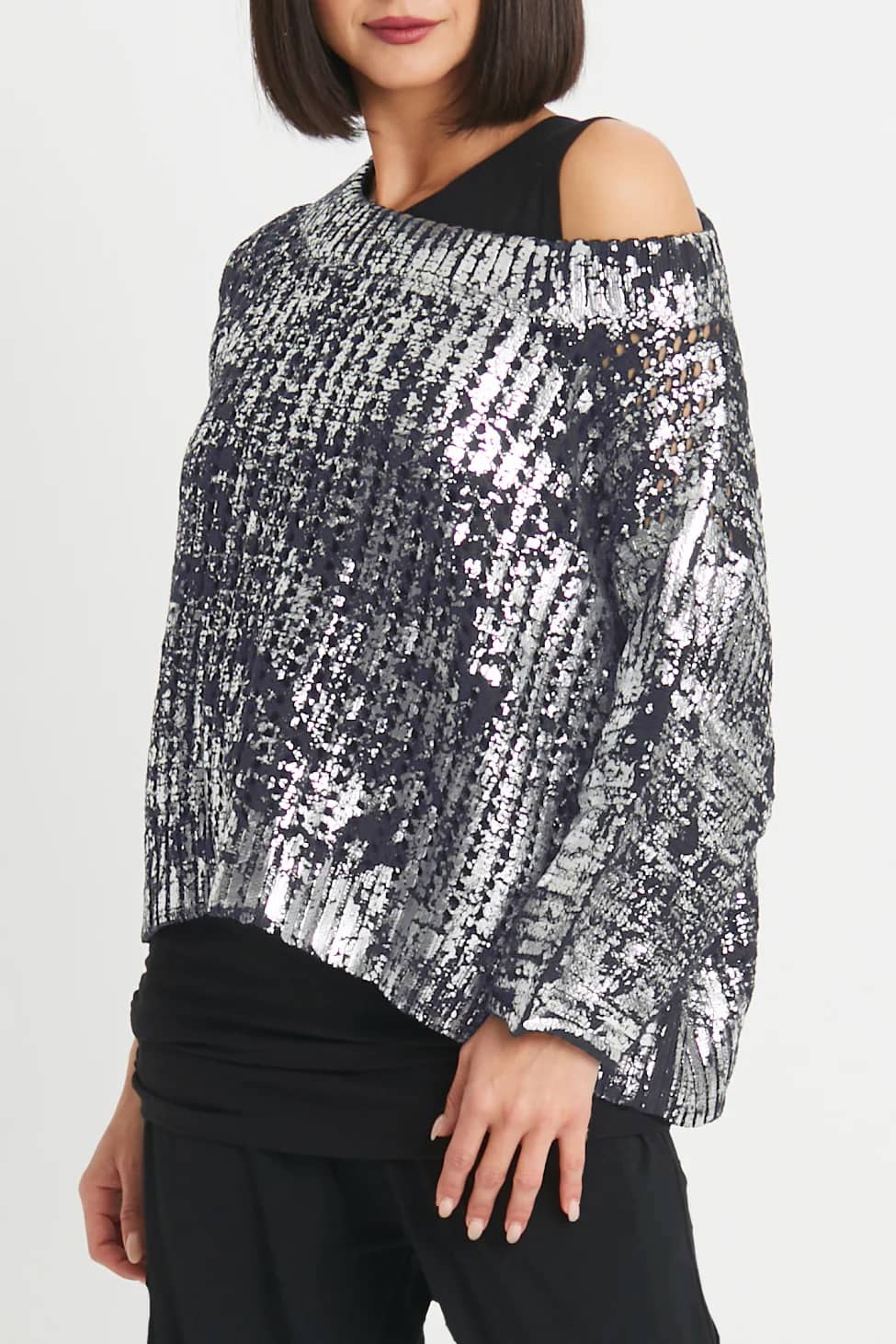 Pima Cotton Metallic Crochet Boatneck Sweater - Lava/Silver ladies PLANET