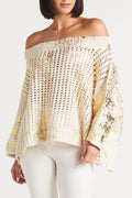 Cotton Metallic Crochet Boatneck Sweater - Stone/Gold foil PLANET off shoulder