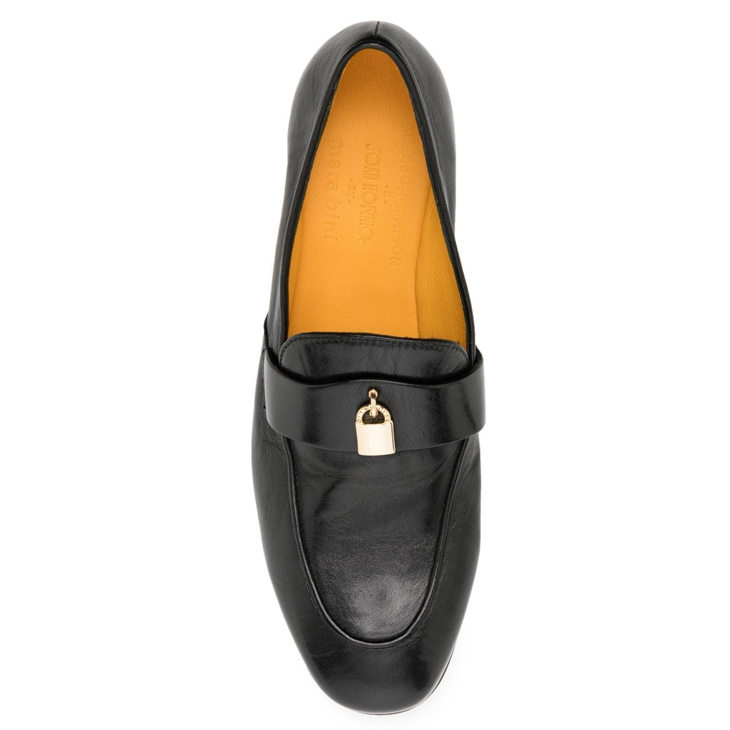 Black Leather Lock Flat Loafer shoes career Joan Hornig Maison