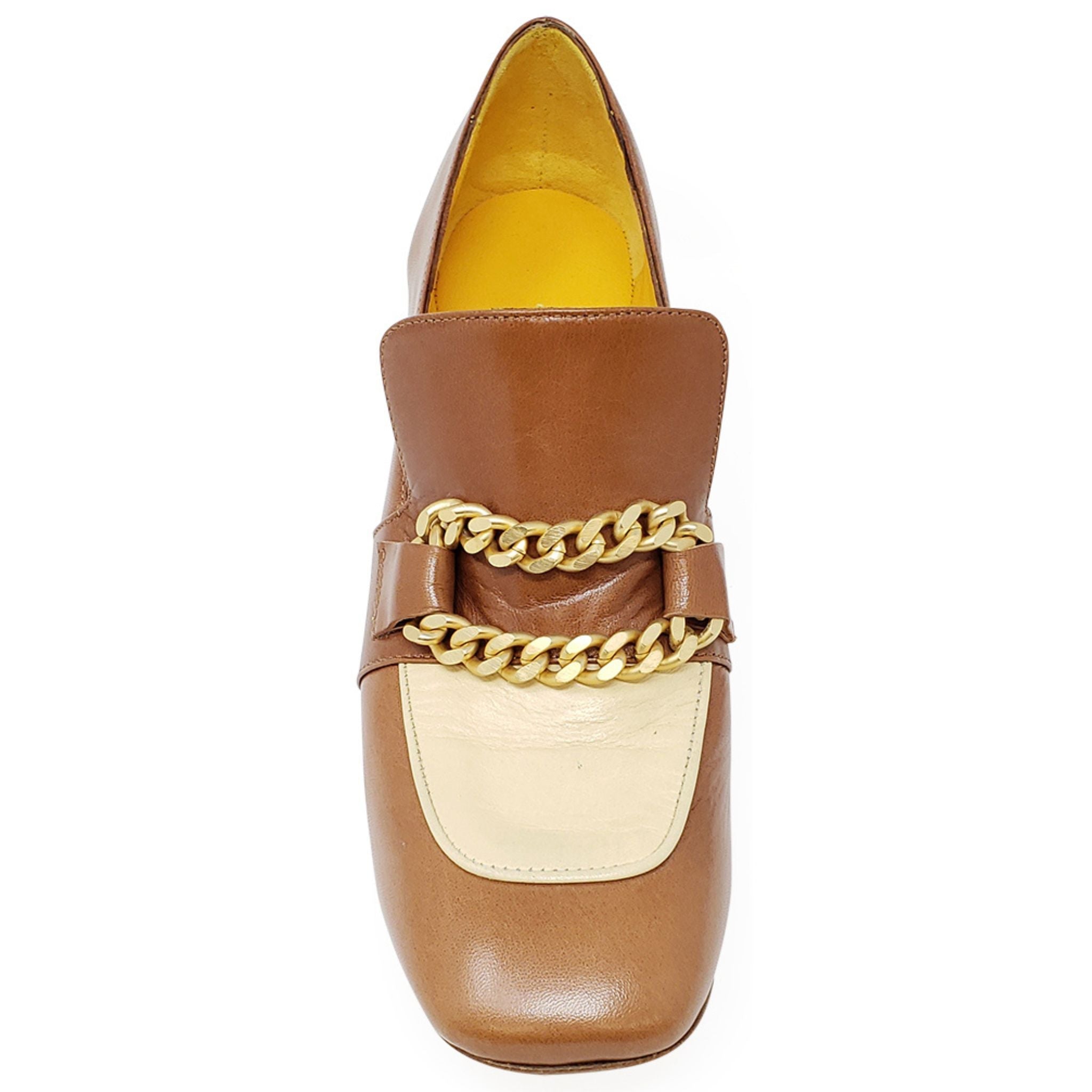 Tan & Cream Leather Mid Heel Loafer W/Chain Madison Maison shoes career