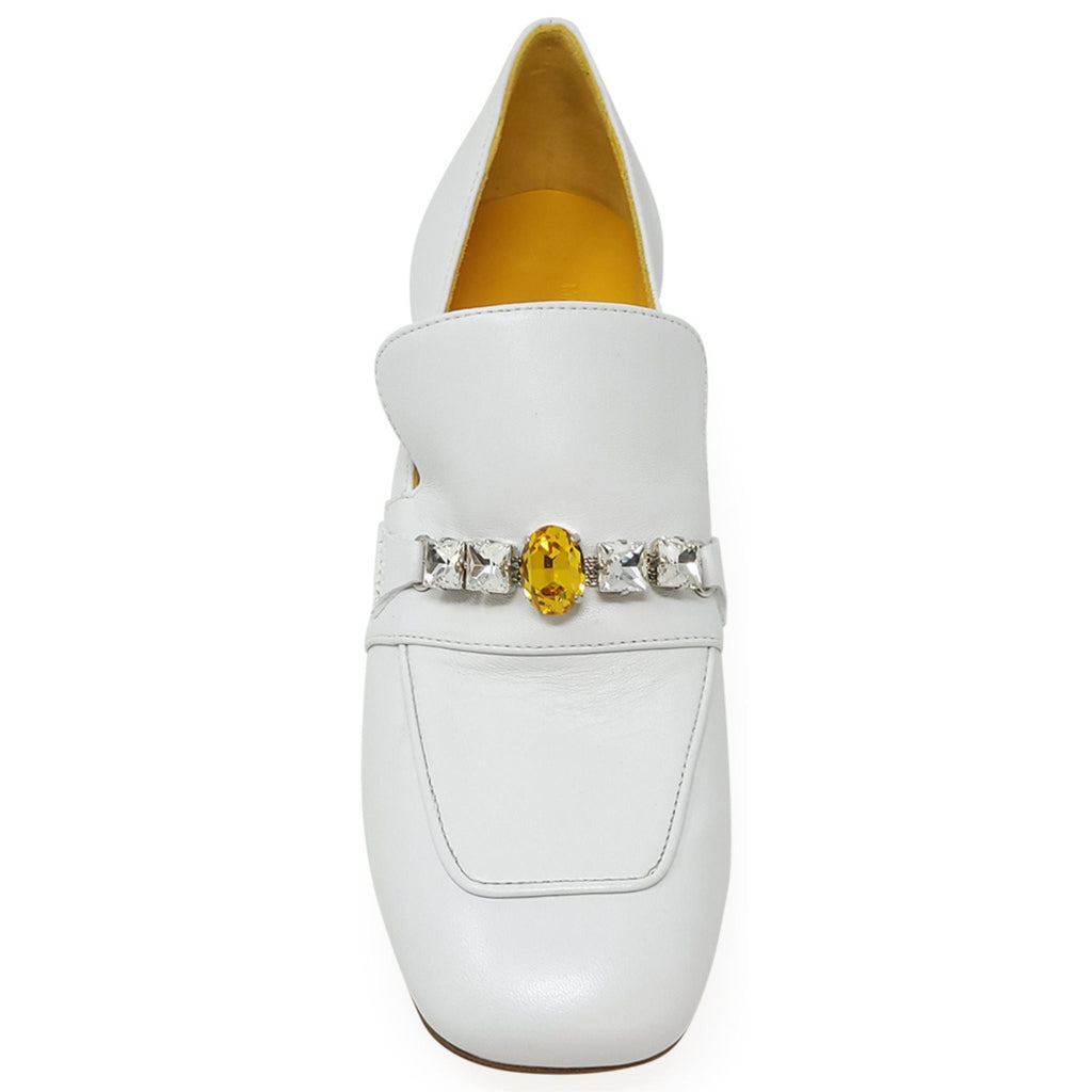 White Leather Mid Heel Jeweled Loafer Shoes Career Maison