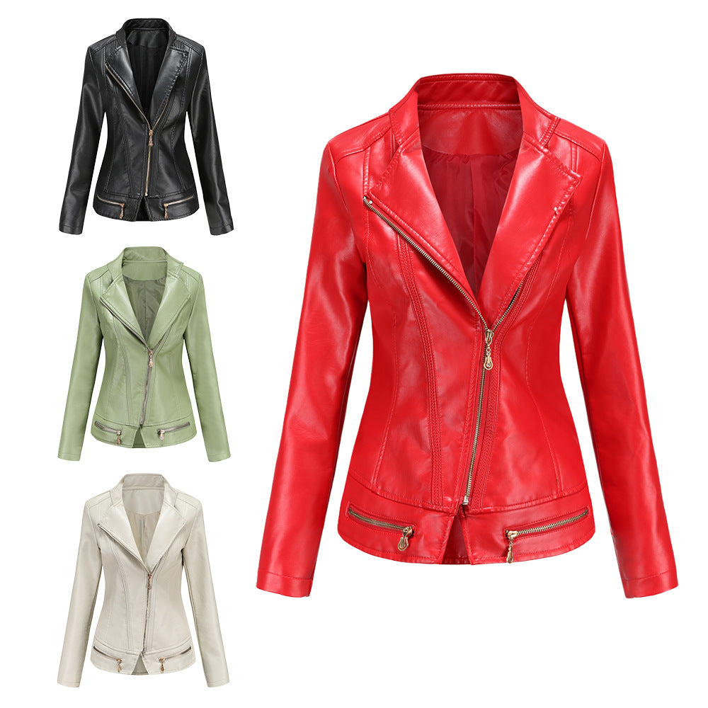 Faux Leather Thin Spring Coat Jacket Casual Red, Green, Black ,Beige, Zip