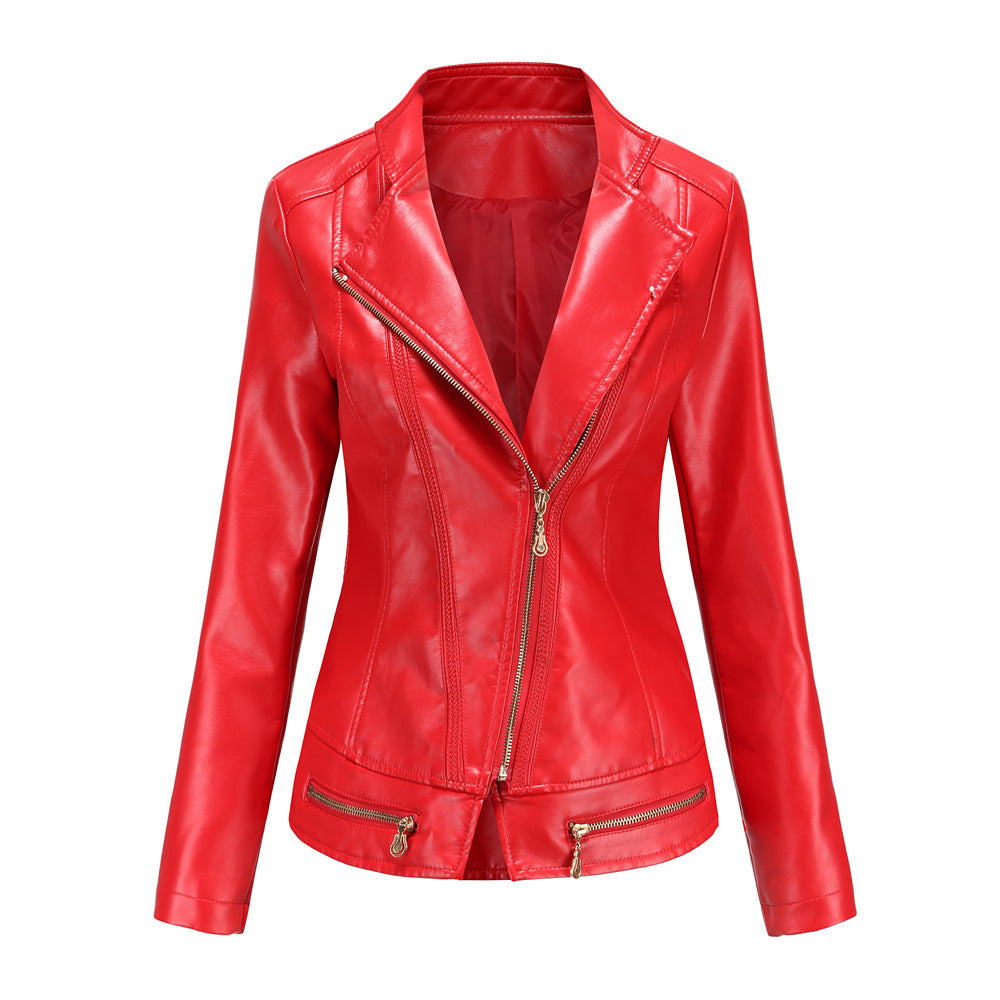 Faux Leather Thin Spring Coat Jacket Casual Red, Green, Black ,Beige, Zip