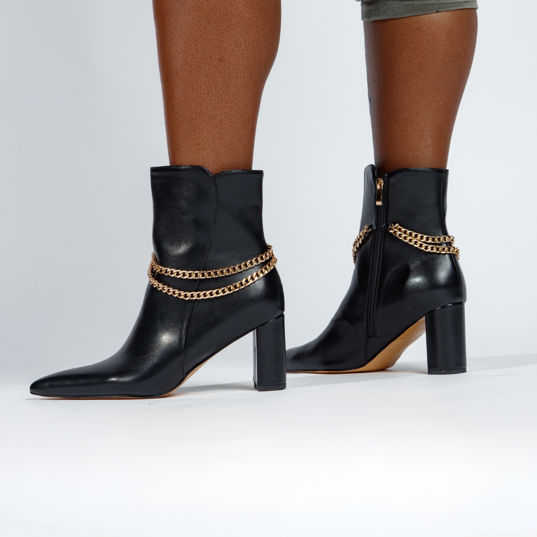 Janet Booties stiletto boots extended plus sizes black chain Vaila
