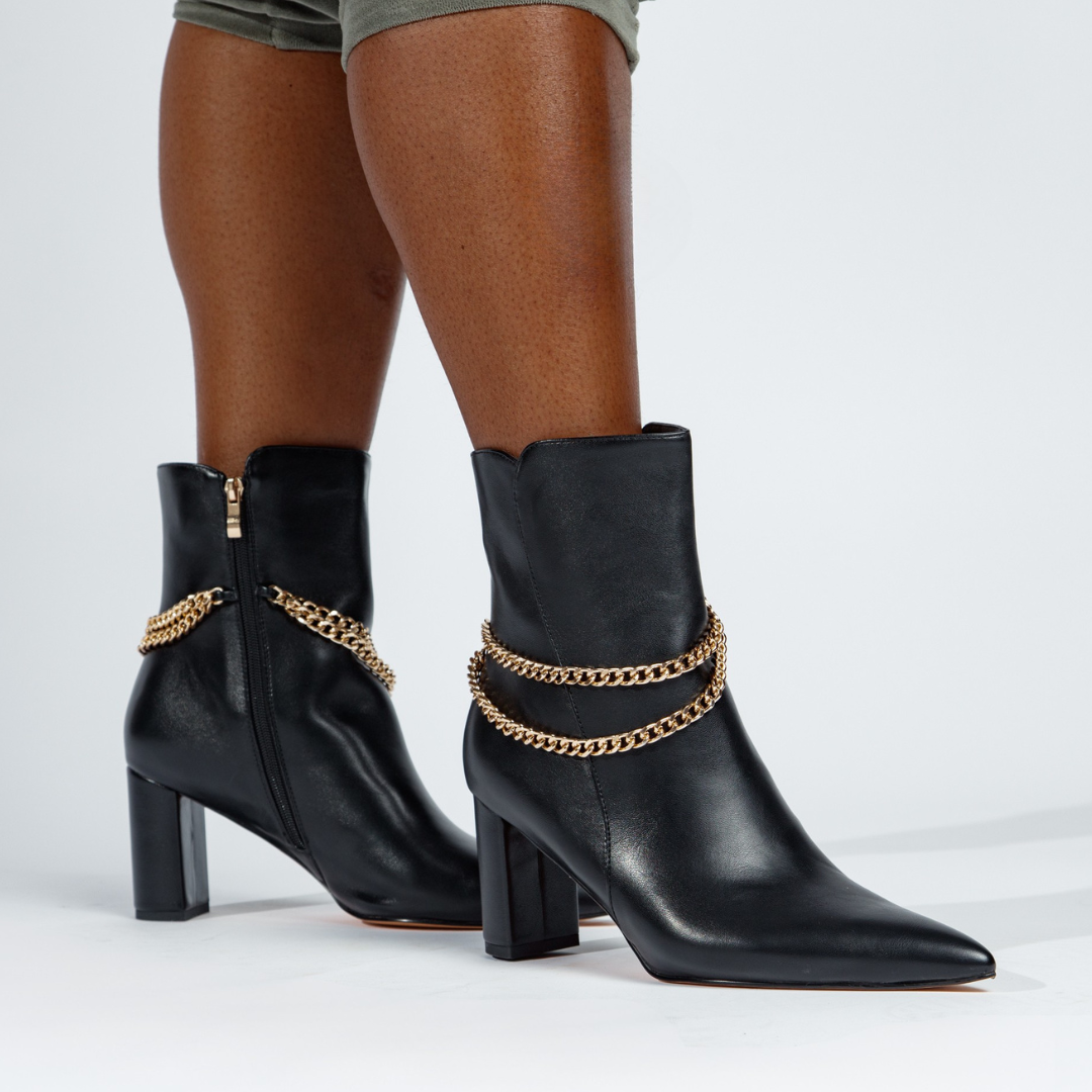 Janet Booties stiletto boots extended plus sizes black chain Vaila
