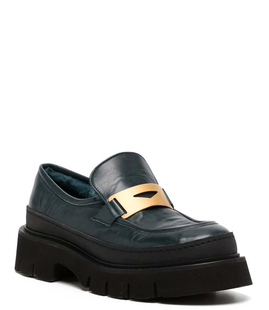 Navy Leather Chunky Loafer shoes lined with Shearling Madison Maison