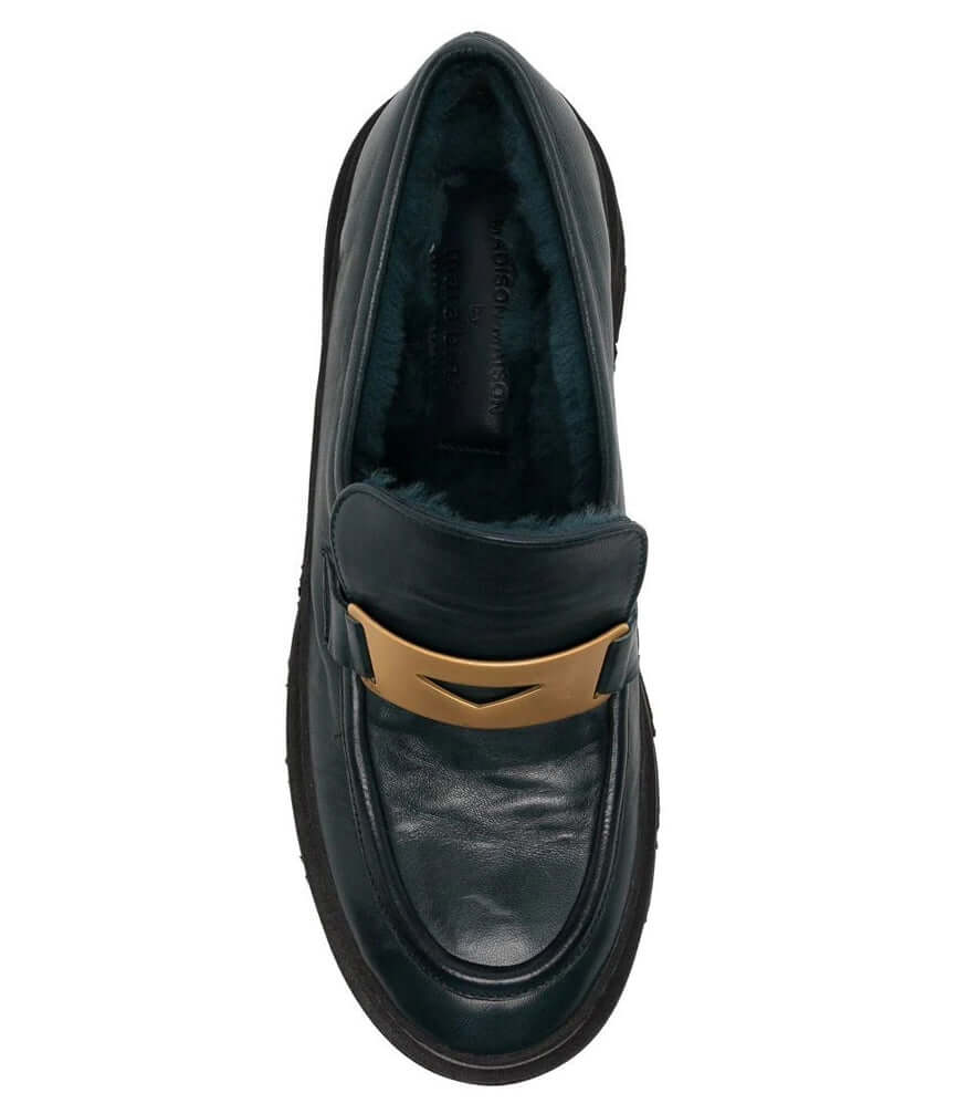 Navy Leather Chunky Loafer shoes lined with Shearling Madison Maison