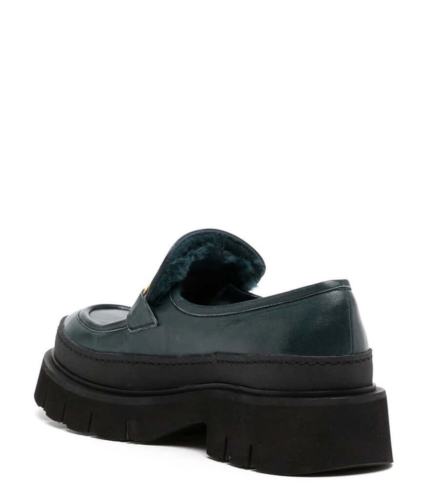 Navy Leather Chunky Loafer shoes lined with Shearling Madison Maison